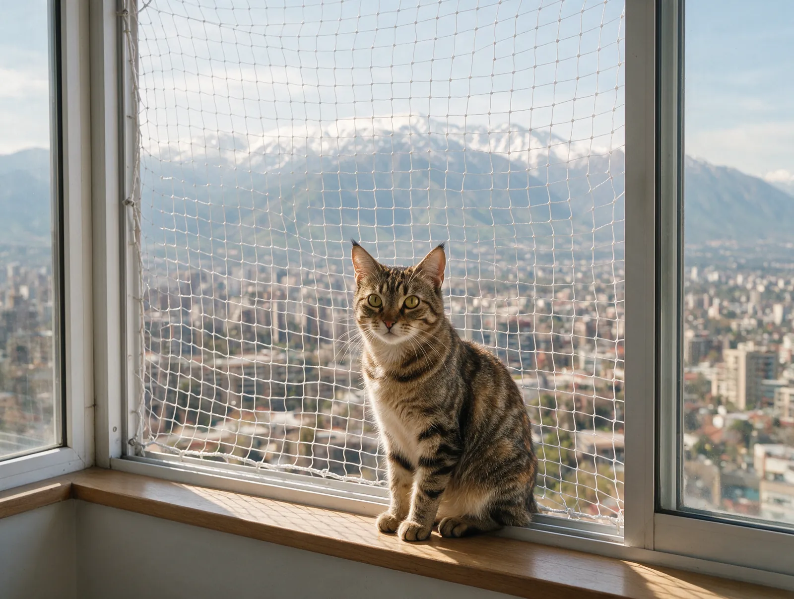 Gato en ventana protegida con malla de seguridad transparente